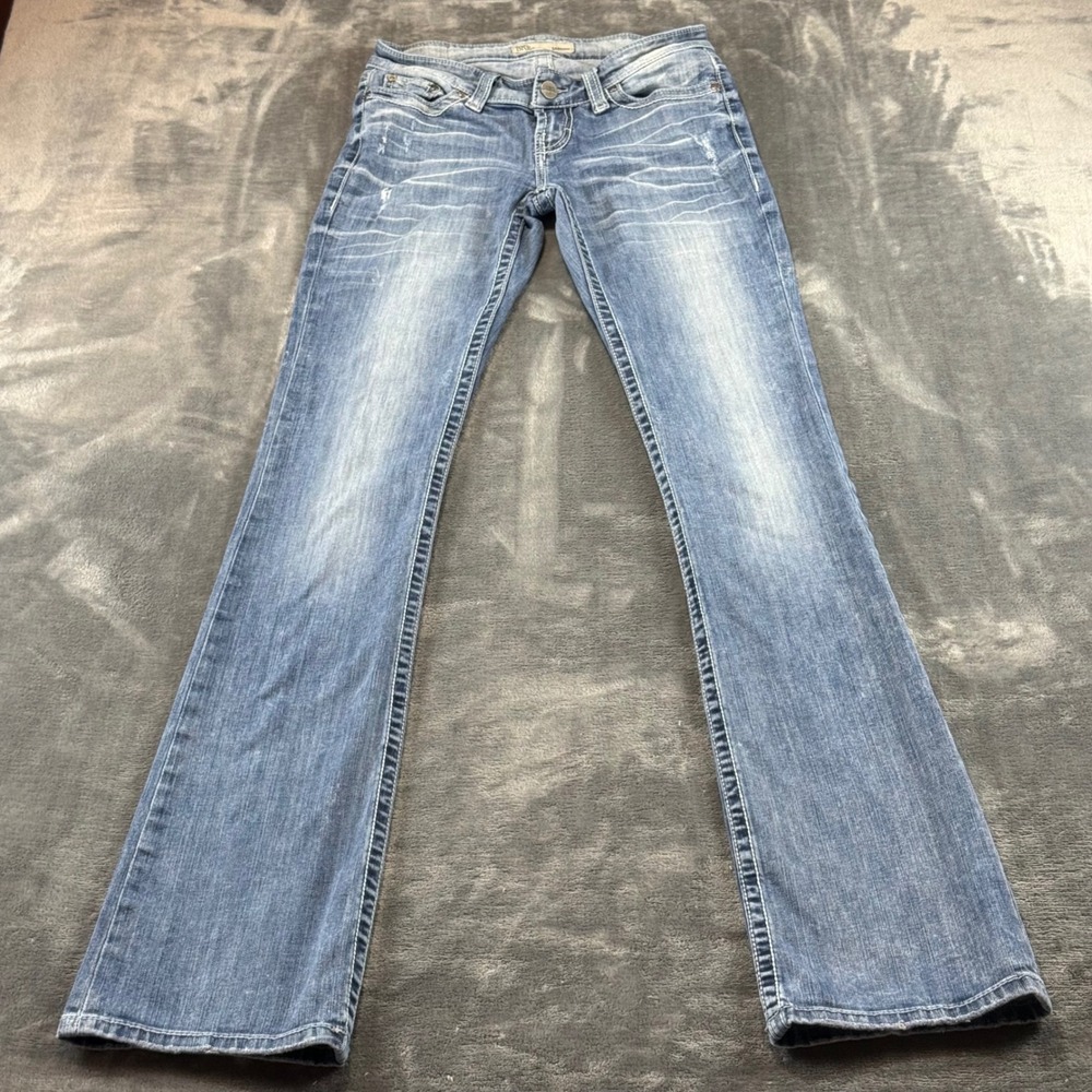 BKE Sabrina Low Rise Bootcut Jeans Medium Wash 26XXL 26x37.5 Distressed Stretch